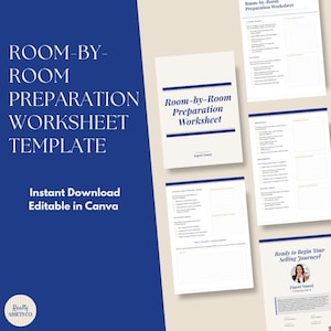 May include: A Room-by-Room Preparation Worksheet template with a blue and cream color scheme. The document includes checklists for living rooms, kitchens, bedrooms, bathrooms, and dining areas, plus a section for agent information and branding.