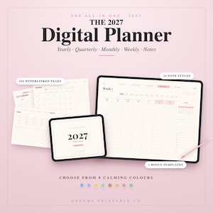 May include: A 2027 digital planner displayed on two tablet screens with a stylus. The interface features 940 hyperlinked pages, 24 note styles, and bonus templates. The text reads The All-In-One 2027 Digital Planner, Yearly, Quarterly, Monthly, Weekly, Notes.
