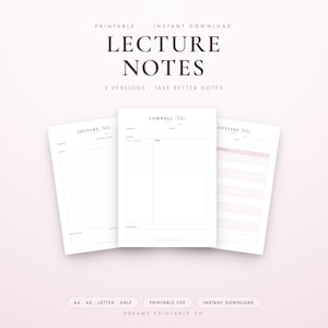 Op de afbeelding: Drie witte, printbare sjablonen voor collegeaantekeningen met zwarte tekst. De middelste pagina is een Cornell-notitie-indeling. De linkerpagina is getiteld Lecture Notes en de rechterpagina Outline Notes. Tekst: Printable, Instant Download.
