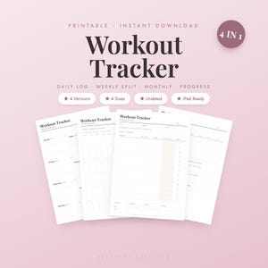Op de afbeelding: Een 4-in-1 printbare workout-tracker set met vier verschillende paginalay-outs voor dagelijkse logs, wekelijkse splitsingen, maandelijkse overzichten en voortgangsregistratie. De documenten zijn wit met zwarte tekst en ongedateerd.