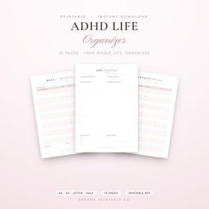 Op de afbeelding: Een printbare ADHD Life Organizer met 10 pagina's, inclusief een Life Dashboard, rekeningen & abonnementen en een contactenlijst. De witte pagina's hebben zachtroze accenten en zwarte tekst, met kopteksten voor maandelijkse rekeningen.