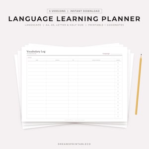 Planificador de aprendizaje de idiomas imprimible, registro de vocabulario, notas gramaticales, seguimiento de estudio, diario de idiomas, español y francés, 5 versiones, tamaño carta A4