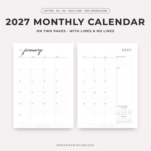 May include: A 2027 monthly calendar printable PDF download featuring two pages for January with lines and no lines options. The layout includes sections for monthly goals, a to-do list, and small calendars for December 2026 and February 2027.