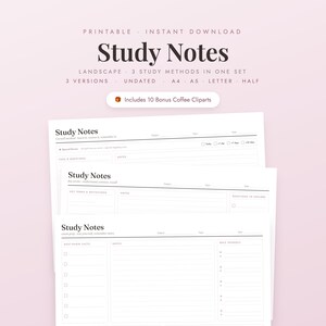 May include: A set of three printable landscape study note templates in black and white. The pages feature sections for subject, topic, and date, with specific layouts for Cornell, key terms, and quiz methods. Includes text: Study Notes.