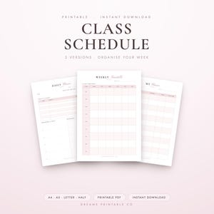Könnte beinhalten: Drei druckbare Stundenplan-Vorlagen in einem zarten Rosa-Weiß-Farbschema. Die Dokumente enthalten Überschriften wie CLASS SCHEDULE, DAILY CLASSES, WEEKLY TIMETABLE und MY CLASSES sowie organisierte Raster zur Nachverfolgung wöchentlicher Aufgaben.