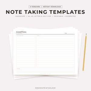 May include: A stack of white Cornell note-taking templates with black text. The top sheet features sections for cues, questions, notes, and a summary. Text includes 5 VERSIONS, INSTANT DOWNLOAD, NOTE TAKING TEMPLATES, and a yellow pencil.