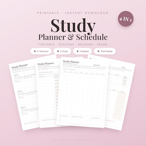 Pode incluir: Um conjunto de planejador de estudos e cronograma digital com quatro layouts de página distintos em um fundo rosa claro. O texto inclui Study Planner & Schedule, 4 IN 1, Printable, Instant Download, Timetable, Sessions, Revision, Exams, 4 Versions, 4 Sizes, Undated e iPad Ready.