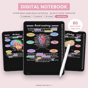 Puede incluir: Un conjunto de cuadernos digitales con plantillas en modo oscuro que incluyen diagramas educativos sobre anatomía cardíaca, el cerebro y biología celular. La interfaz muestra secciones con hipervínculos y un lápiz óptico blanco sobre fondo claro.