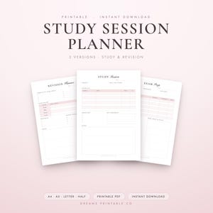 Könnte beinhalten: Drei weiße Lernplaner-Blätter mit schwarzem Text und hellrosa Akzenten. Das mittlere Blatt ist mit Study Session betitelt, das linke mit Revision Planner und das rechte mit Exam Prep. Der Text umfasst Study Session Planner, 3 Versions, Study & Revision, A4, A5, Letter, Half, Printable PDF, Instant Download und Dreams Printable Co.