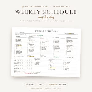 Könnte beinhalten: Eine druckbare Wochenplaner-PDF-Vorlage mit einem minimalistischen schwarz-weißen Layout. Das Dokument enthält Abschnitte für tägliche Prioritäten, Aufgabenlisten, Gewohnheits-Tracker und Notizen mit dem Text Weekly Schedule day by day.