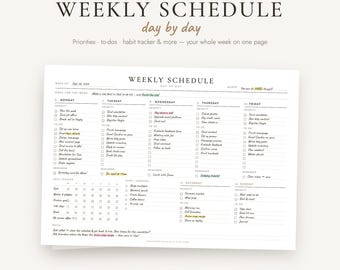 Agenda hebdomadaire à imprimer, planning hebdomadaire, liste de tâches hebdomadaires, suivi des habitudes, planification des objectifs hebdomadaires, formats A4/A5/Lettre/Demi-format, téléchargement instantané