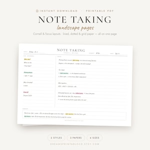 May include: A digital printable PDF note-taking template in landscape orientation featuring the Cornell method. The layout includes sections for topic, subject, date, keywords, notes, and a summary, with lined, dotted, and grid paper options.