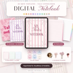 May include: A digital notebook set featuring 80 hyperlinked templates, 36 covers, and 40 bonus stickers. The interface displays the text "DIGITAL Notebook" and "MY Notes NOTEBOOK" with striped patterns, bows, and various pastel color options for GoodNotes and Notability.