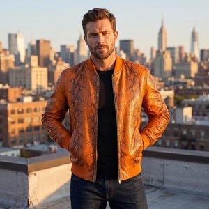 May include: A bomber jacket featuring a vibrant orange and brown snakeskin pattern, a solid orange ribbed collar, cuffs, and hem, and a central front zipper closure, worn over a plain black t-shirt and dark blue denim jeans.