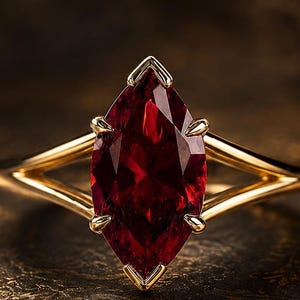 May include: A gold ring featuring a large, marquise-cut deep red gemstone set in a six-prong mounting. The band has a split-shank design that tapers toward the center stone, creating a sleek and polished appearance for this piece of jewelry.
