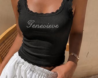Anpassat linne med strass och spets, linne med personligt namn, present till brudduschen