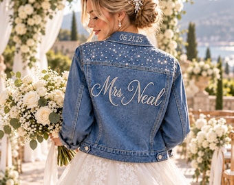 Personalized Rhinestone Denim Jacket, Custom Bride Jacket with Sparkling Rhinestone Back, Wedding Jacket, Bridal Gift, Mrs.Jacket