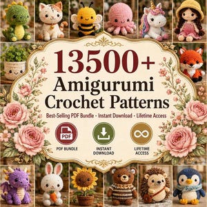 Może przedstawiać: Kolekcja różnych szydełkowych figurek amigurumi, w tym lew, dinozaur, kot, pszczoła, ośmiornica, jednorożec, lalka, wieloryb, lis, grzyb, panda, żółw, smok, królik, słonecznik, niedźwiedź, jeż, pingwin i świnia z tekstem 13500+ Amigurumi Crochet Patterns.