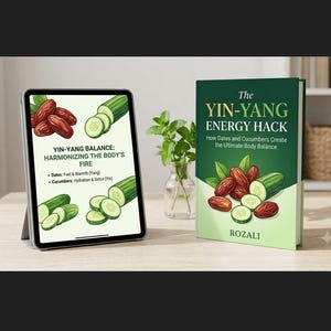 Pode incluir: Um tablet exibindo texto sobre o equilíbrio Yin-Yang com ilustrações de tâmaras e pepinos, ao lado de um livro intitulado The Yin-Yang Energy Hack de Rozali, que apresenta ilustrações semelhantes de tâmaras e pepinos fatiados na capa.