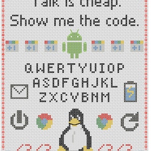 Puede incluir: Un patrón de punto de cruz blanco con el texto "Talk is cheap. Show me the code." El patrón incluye un robot Android verde, un teclado, un pingüino y varios iconos de computadora.