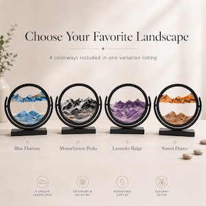 May include: Four circular sand art displays with black frames and stands. The text reads: Choose Your Favorite Landscape, 4 colorways included in one variation listing, Blue Horizon, Monochrome Peaks, Lavender Ridge, and Sunset Dunes.