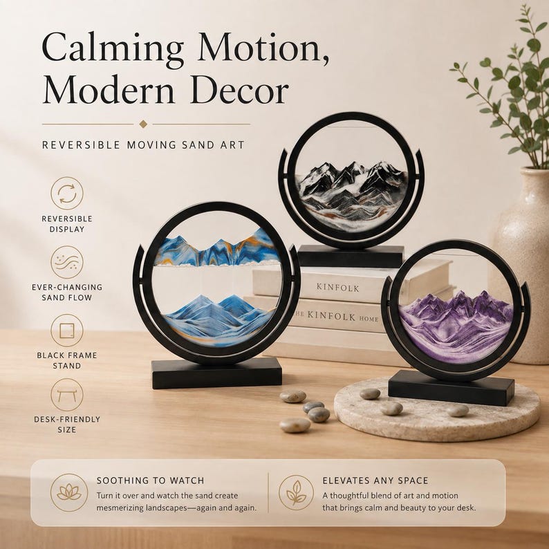 May include: Three circular moving sand art displays with black frames and rectangular bases. Each piece contains colored sand forming mountain landscapes in blue, black, and purple. Text on the image reads Calming Motion, Modern Decor, Reversible Moving Sand Art, Soothing to Watch, and Elevates Any Space.