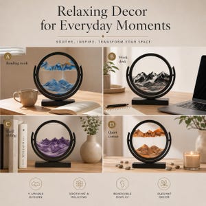 May include: Four circular black frames containing moving sand art, labeled A, B, C, and D. Each frame displays a different mountain landscape created by layered sand in blue, black, purple, or orange tones, mounted on a rectangular black base.