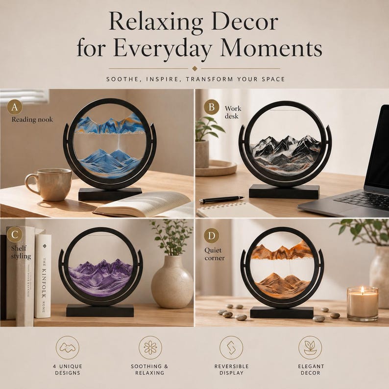 May include: Four circular black frames containing moving sand art, labeled A, B, C, and D. Each frame displays a different mountain landscape created by layered sand in blue, black, purple, or orange tones, mounted on a rectangular black base.