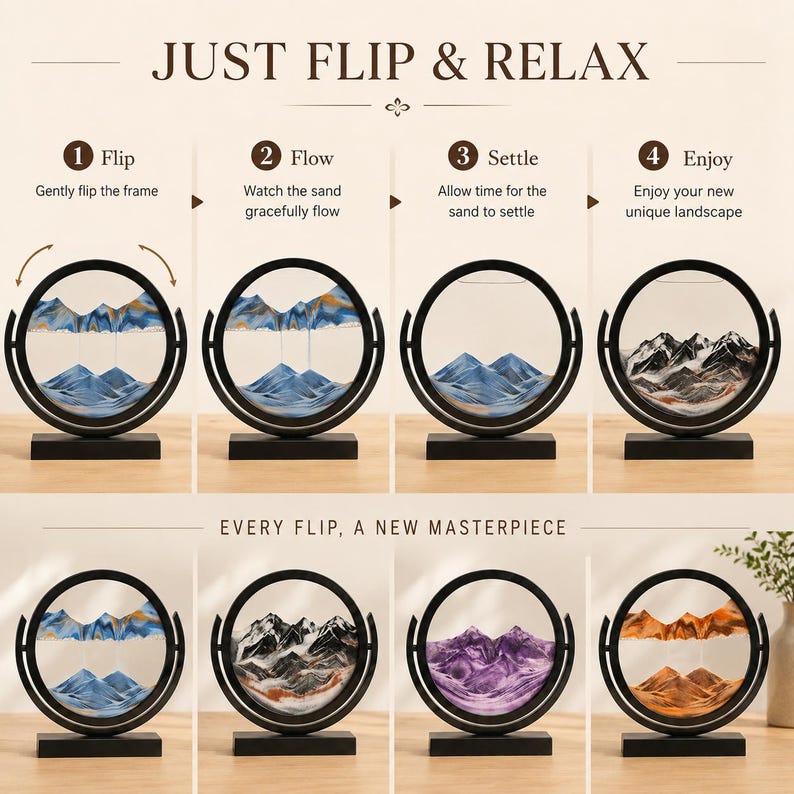 May include: A circular black frame containing colored sand that forms mountain landscapes. The text reads JUST FLIP & RELAX with steps 1 Flip, 2 Flow, 3 Settle, 4 Enjoy, and the phrase EVERY FLIP, A NEW MASTERPIECE. The sand colors include blue, white, black, purple, and orange.