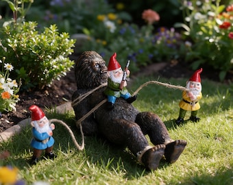 May include: A dark brown Bigfoot figurine lying on the grass, tied with tan rope. One gnome in a green shirt and red hat sits on the Bigfoot, holding a small rifle. Two other gnomes in blue and yellow shirts pull the rope from either side.