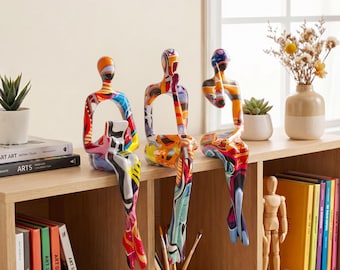 Colorful Abstract Sculpture Set of 3, Seated Figurines, Modern Home Decor, Artistic Shelf Accent