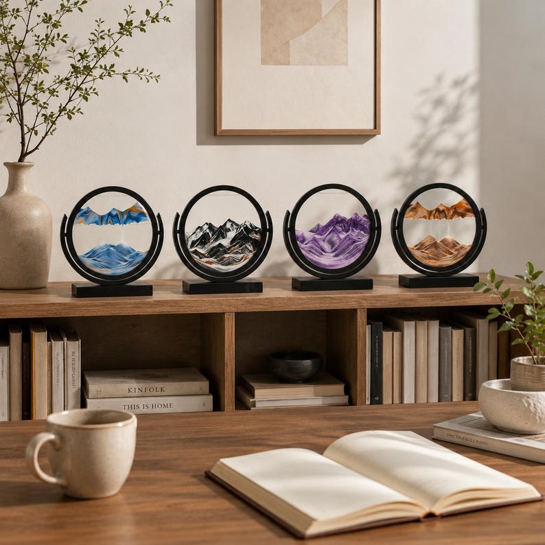 Collection of four 3D moving sand art pieces in blue, black, purple, and orange, displayed on a wooden bookshelf.