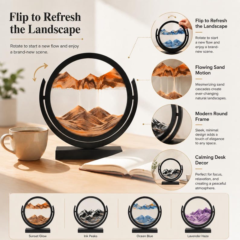 May include: A circular black frame containing layers of orange, brown, and white sand that form mountain-like landscapes. The text Flip to Refresh the Landscape is visible. Four additional circular frames show sand in sunset, ink, blue, and purple colors.