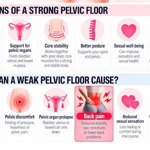 May include: An educational infographic titled Functions of a Strong Pelvic Floor and What Can a Weak Pelvic Floor Cause. It features pink circular icons with text explaining bladder control, core stability, posture, and the effects of pelvic weakness.