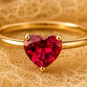 Op de afbeelding: Een gouden ring met een enkele hartvormige rode edelsteen in het midden. De ringband is dun en gepolijst en houdt de gefacetteerde robijnkleurige steen vast met drie kleine pootjes, wat een eenvoudig sieraad vormt.