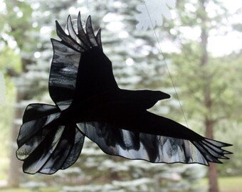 Raven Stained Glass Bird, Raven Art, Gothic, Glass Art, Wildlife Art, Bird Lovers Gift