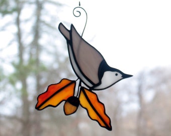 Nuthatch Stained Glass Suncatcher With Oak Leaves and Acorn, Stained Glass Bird, Glass Art, Wildlife Art, Bird Lovers Gift