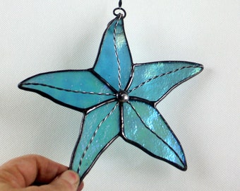 Starfish Stained Glass Suncatcher, Aqua Blue Iridescent, Beach Decor, Glass Art, Mermaid Gift, Gifts for Her
