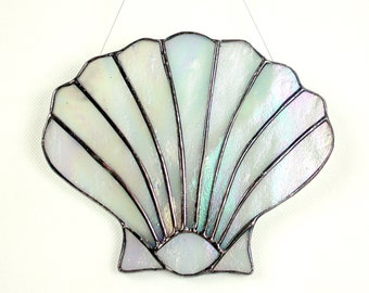 Shell Stained Glass Suncatcher, White Iridescent, Beach Decor, Glass Art, Mermaid Gift