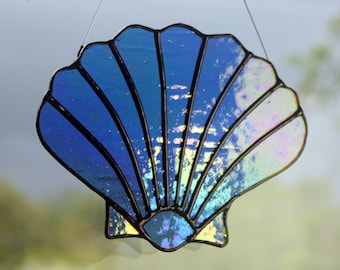 Shell Stained Glass Suncatcher, Blue Iridescent, Beach Decor, Glass Art, Mermaid Gift