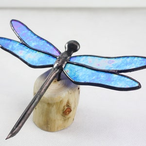 Dragonfly Stained Glass Sculpture, Blue Iridescent on Wood Base, Glass Art, Wildlife Art image 1