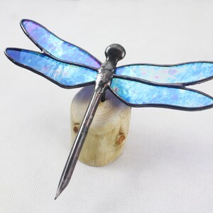 Dragonfly Stained Glass Sculpture, Blue Iridescent on Wood Base, Glass Art, Wildlife Art image 2