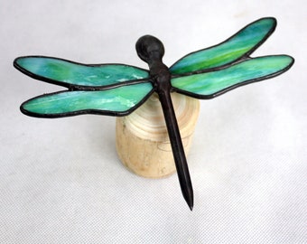 Dragonfly Stained Glass Sculpture, Aqua Green mix on Wood Base, Glass Art, Wildlife Art