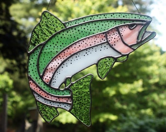Rainbow Trout Stained Glass, Gifts for Men, Wildlife Art, Glass Art, Stained Glass Fish
