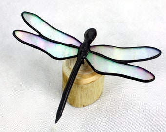 Dragonfly Stained Glass Sculpture, White Iridescent on Wood Base, Glass Art, Wildlife Art