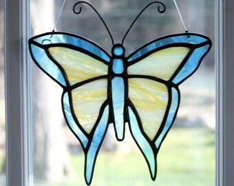 Stained Glass Butterfly Suncatcher, Blue and Yellow, Glass Art