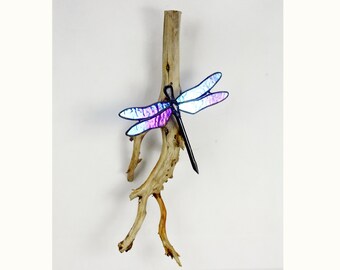 Dragonflies, Stained Glass, Blue Iridescent, Wall Hanging Sculpture, Glass Art, Wildlife Art