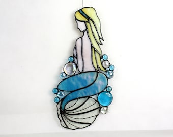 Stained Glass Mermaid Panel, Aqua Iridescent,Beach Decor, Glass Art, Custom Colors, Mermaid Gift, Gifts for Her