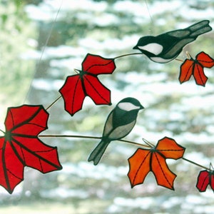 Chickadees on Branch Stained Glass, Stained Glass Birds, Chickadee Birds, Glass Art, Wildlife Art, Bird Lovers Gift