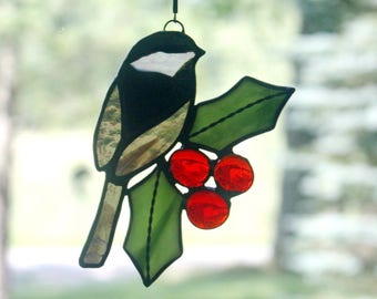 Chickadee with Holly, Stained Glass Suncatcher, Stained Glass Bird, Bird Lovers Gift, Christmas Decor, Wildlife Art